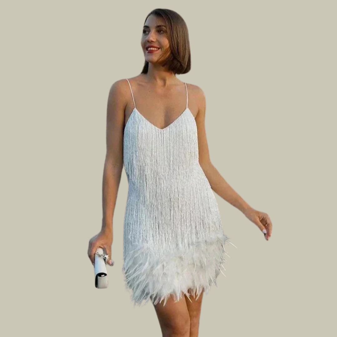 Feather-Trim Mini Dress – Statement Evening Silhouette 0