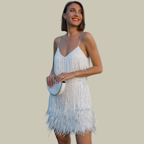 Feather-Trim Mini Dress – Statement Evening Silhouette 1