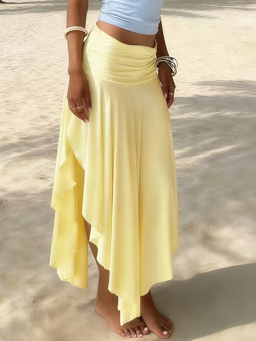 Women's Asymmetric Hem Skirt - Ruched Waist - Draped Overlay 0