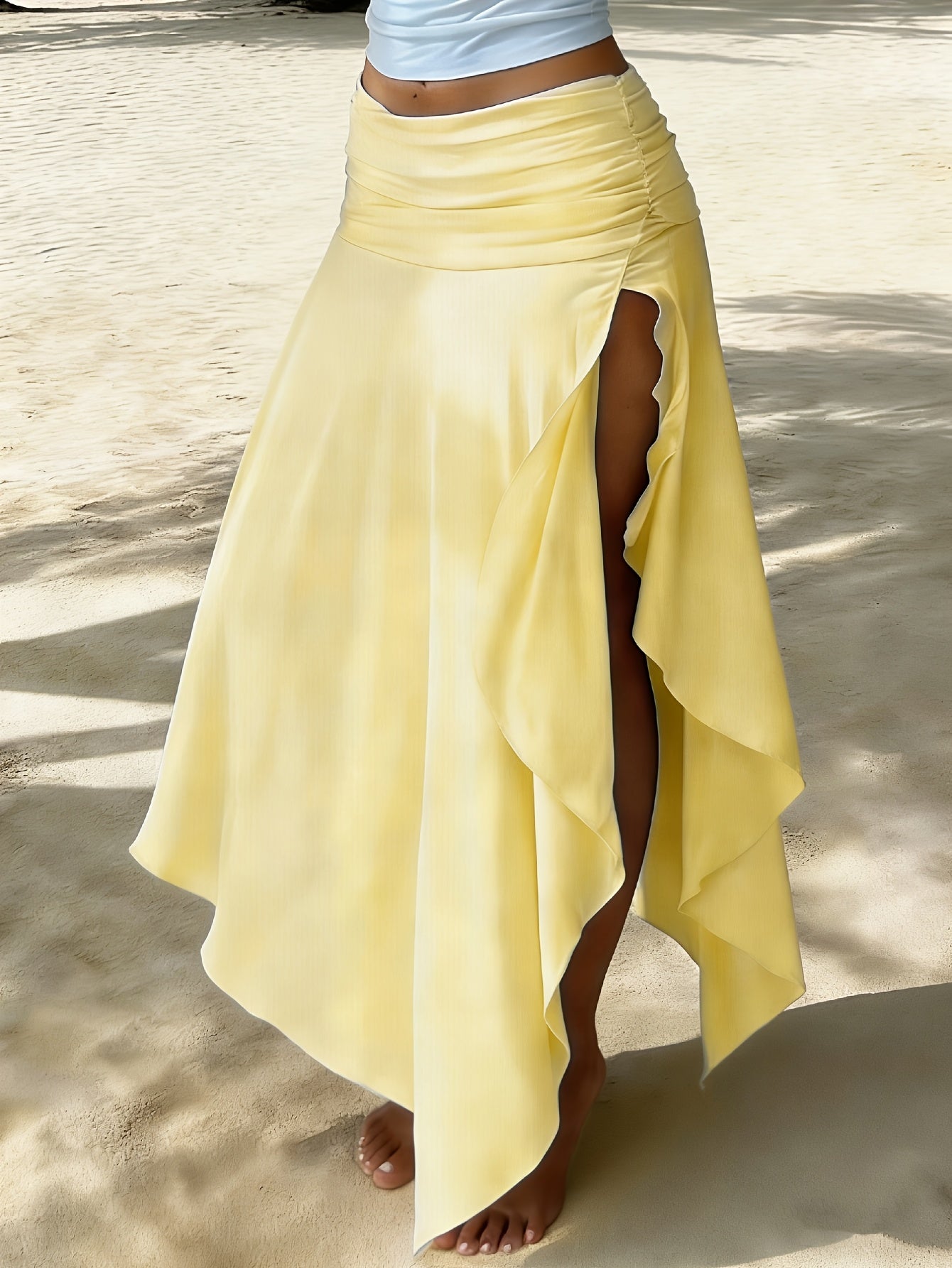 Women's Asymmetric Hem Skirt - Ruched Waist - Draped Overlay 2
