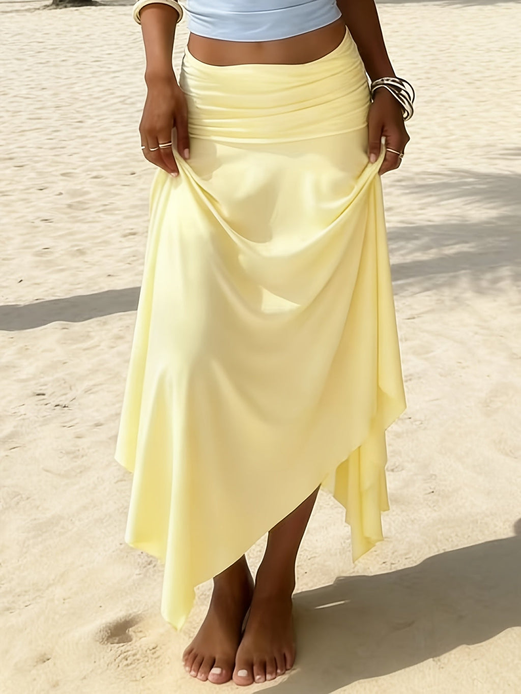 Women's Asymmetric Hem Skirt - Ruched Waist - Draped Overlay 3