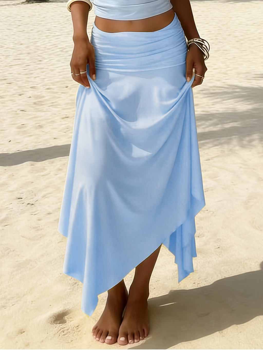 Women's Asymmetric Hem Skirt - Ruched Waist - Draped Overlay 7