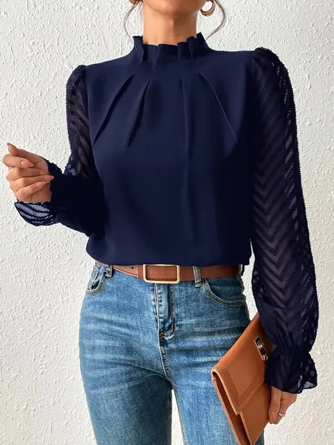 Women's Blouse - Frill Mock Neck Sheer Chevron Sleeve Pleated Top 0