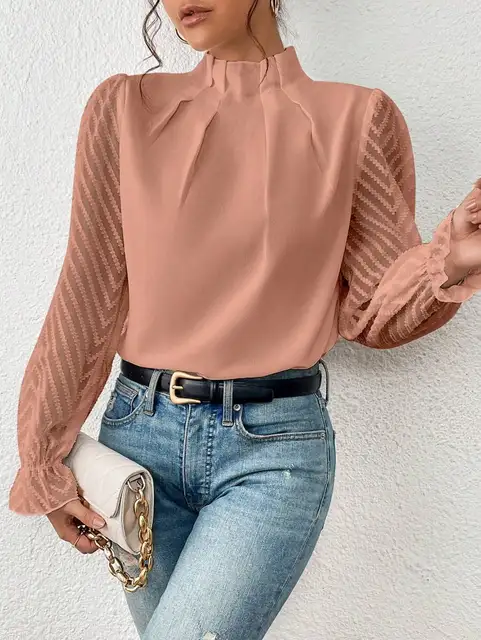 Women's Blouse - Frill Mock Neck Sheer Chevron Sleeve Pleated Top 1