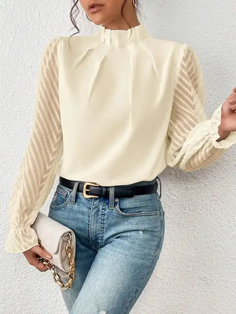 Women's Blouse - Frill Mock Neck Sheer Chevron Sleeve Pleated Top 2
