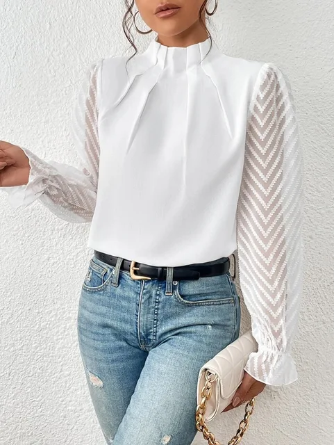 Women's Blouse - Frill Mock Neck Sheer Chevron Sleeve Pleated Top 3