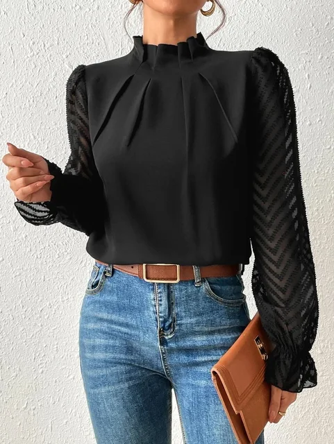 Women's Blouse - Frill Mock Neck Sheer Chevron Sleeve Pleated Top 4