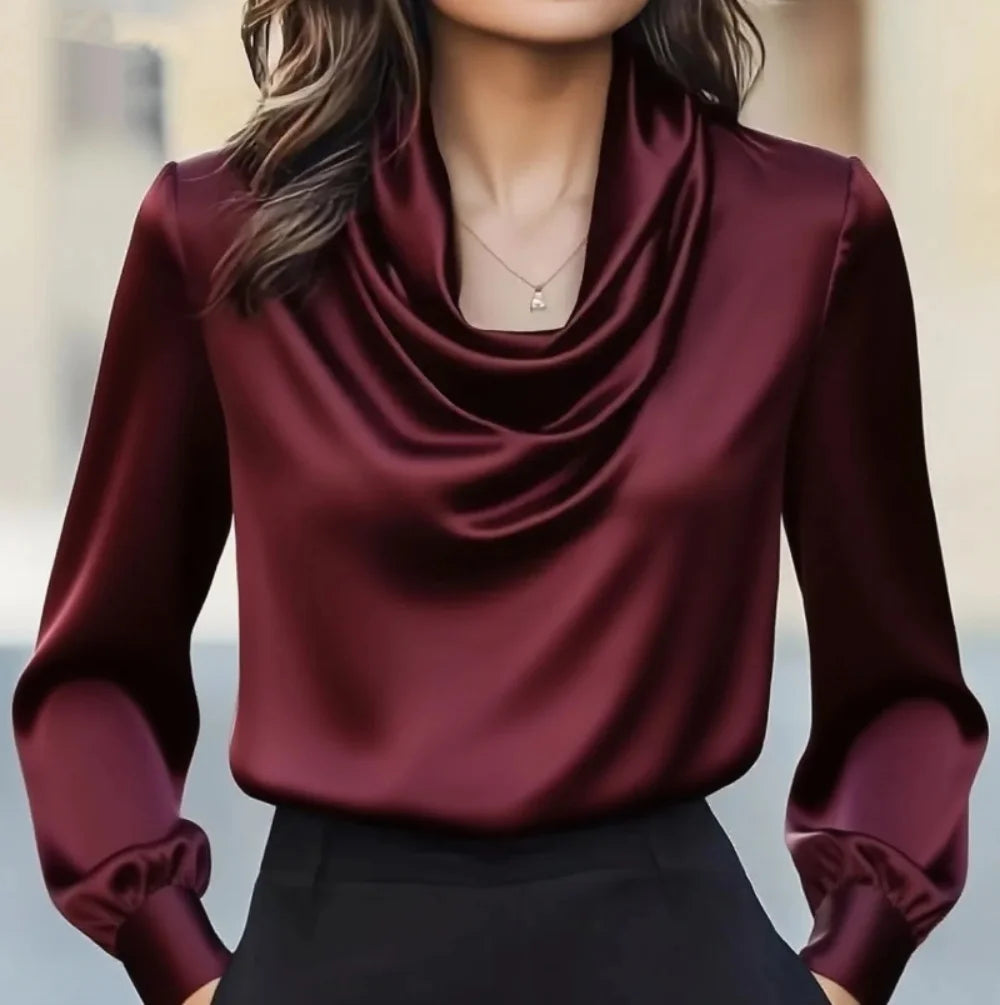 Women's Blouse Satin Cowl Neck Long Sleeve Draped Fitted Cuff 0