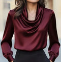 Women's Blouse Satin Cowl Neck Long Sleeve Draped Fitted Cuff 0