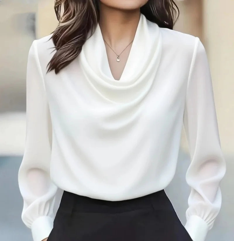 Women's Blouse Satin Cowl Neck Long Sleeve Draped Fitted Cuff 1