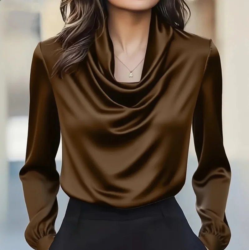 Women's Blouse Satin Cowl Neck Long Sleeve Draped Fitted Cuff 2