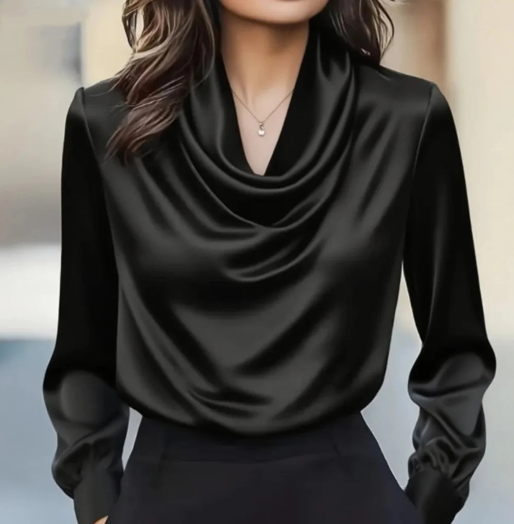 Women's Blouse Satin Cowl Neck Long Sleeve Draped Fitted Cuff 3