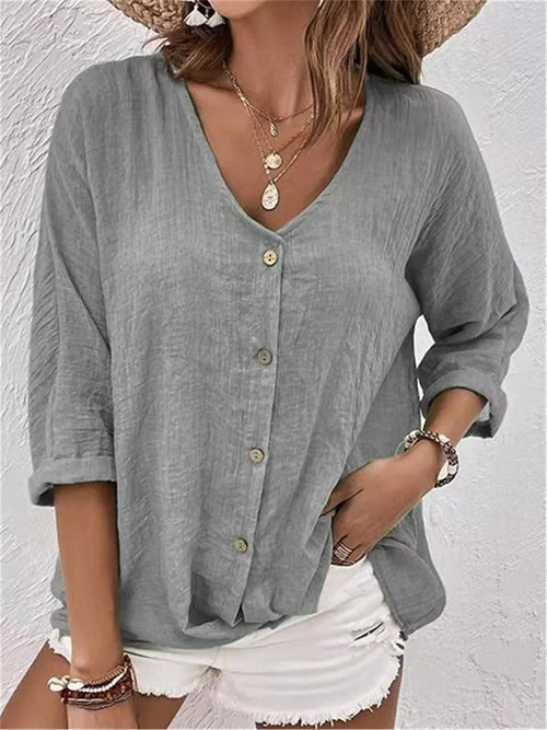Women's Blouse V-Neck Linen Button Front Roll-Up Sleeves 0