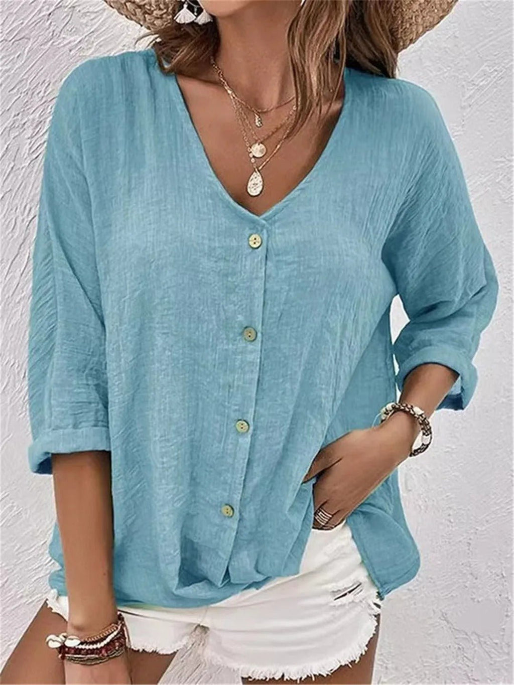 Women's Blouse V-Neck Linen Button Front Roll-Up Sleeves 1