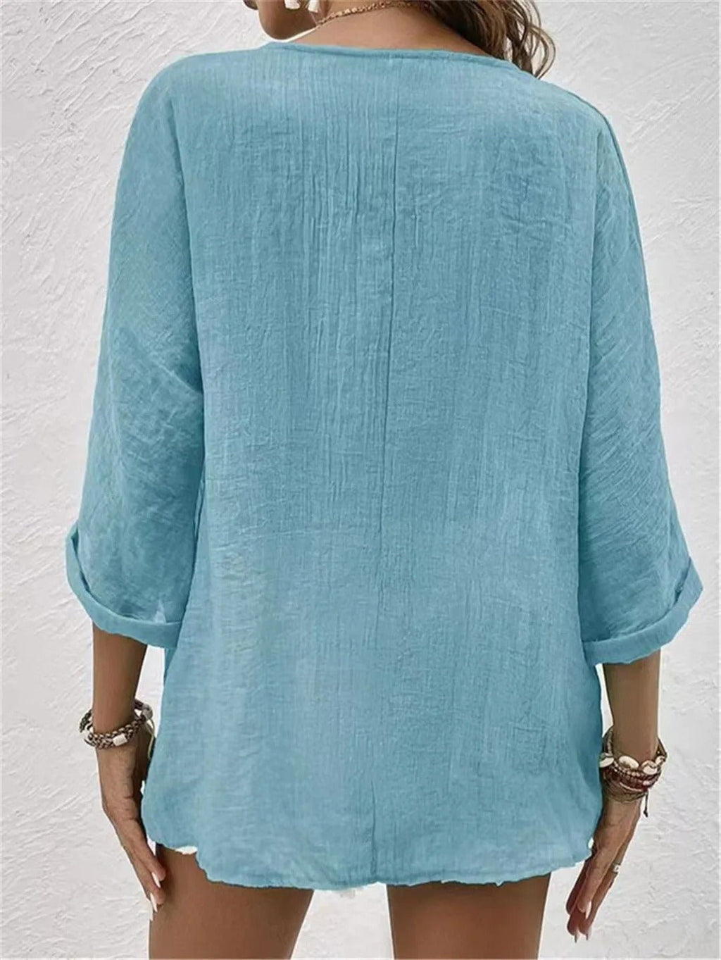 Women's Blouse V-Neck Linen Button Front Roll-Up Sleeves 2