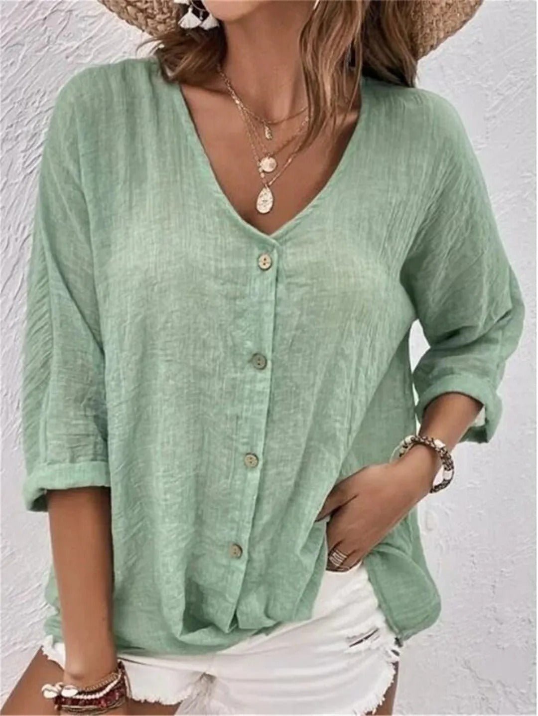 Women's Blouse V-Neck Linen Button Front Roll-Up Sleeves 3