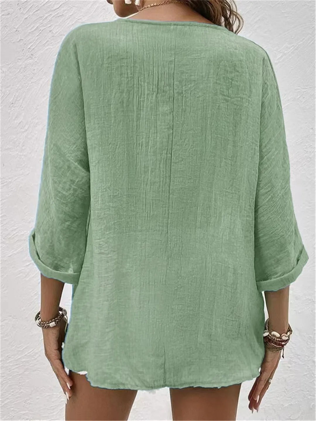 Women's Blouse V-Neck Linen Button Front Roll-Up Sleeves 4