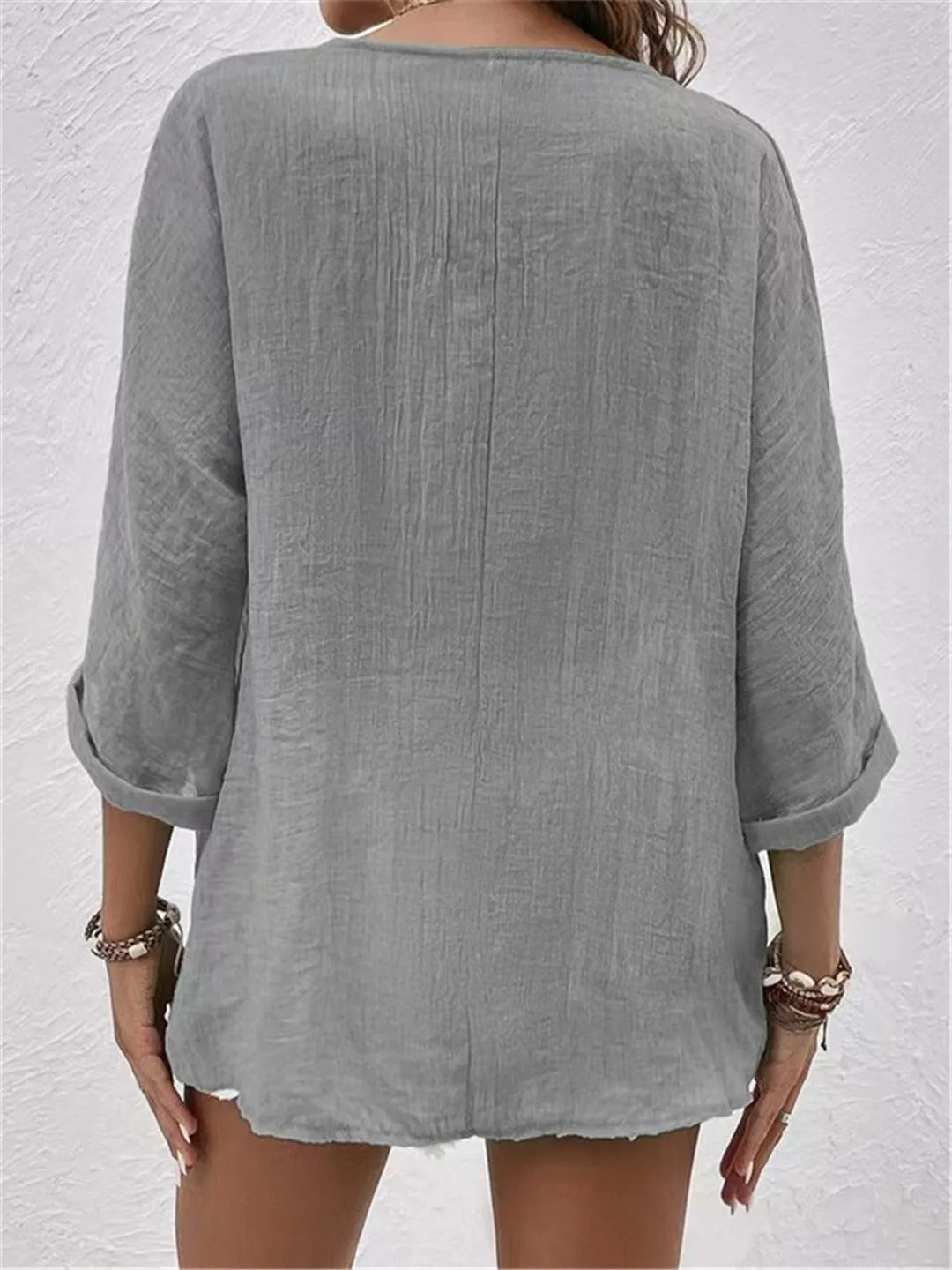 Women's Blouse V-Neck Linen Button Front Roll-Up Sleeves 5