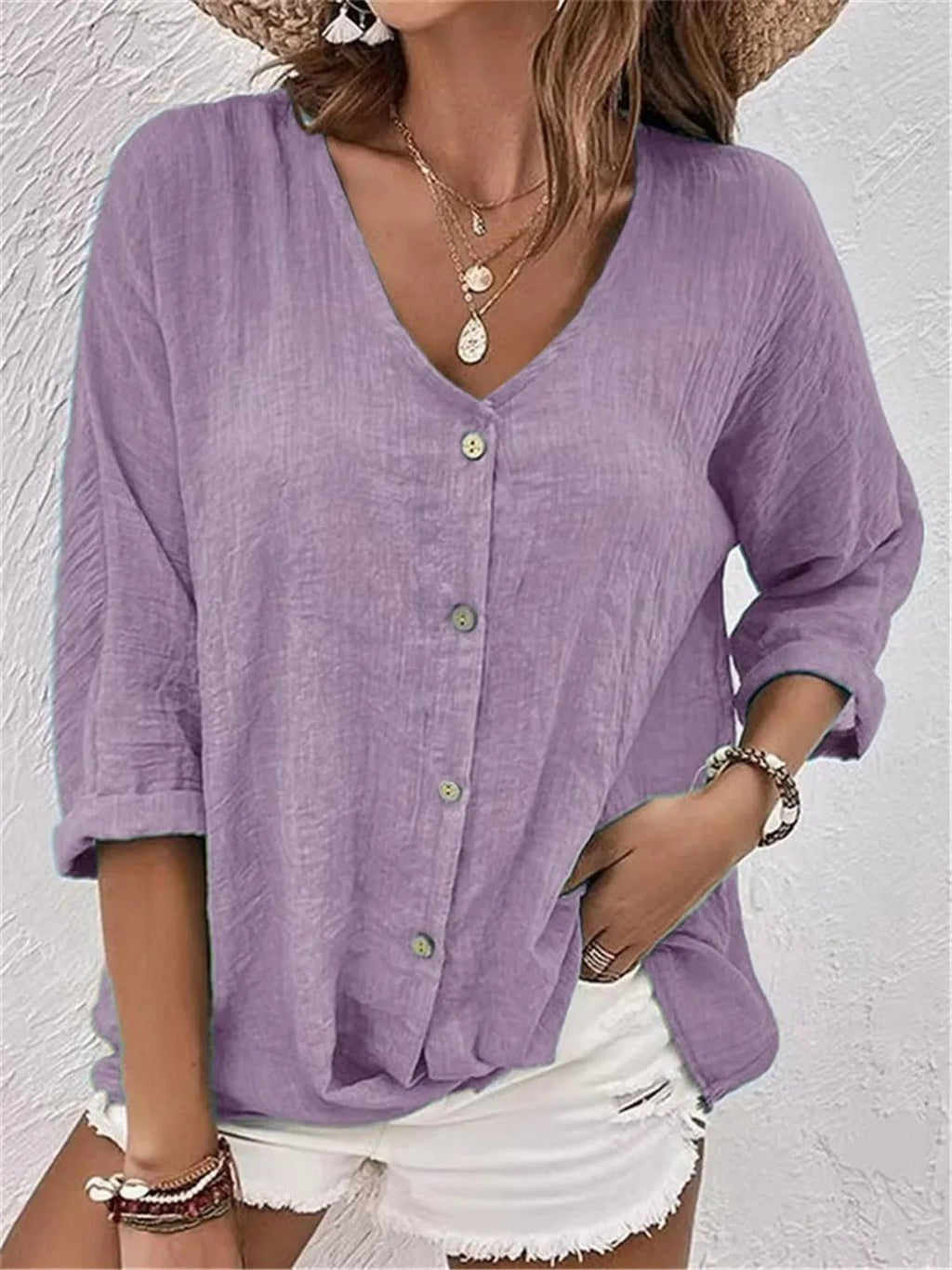 Women's Blouse V-Neck Linen Button Front Roll-Up Sleeves 6