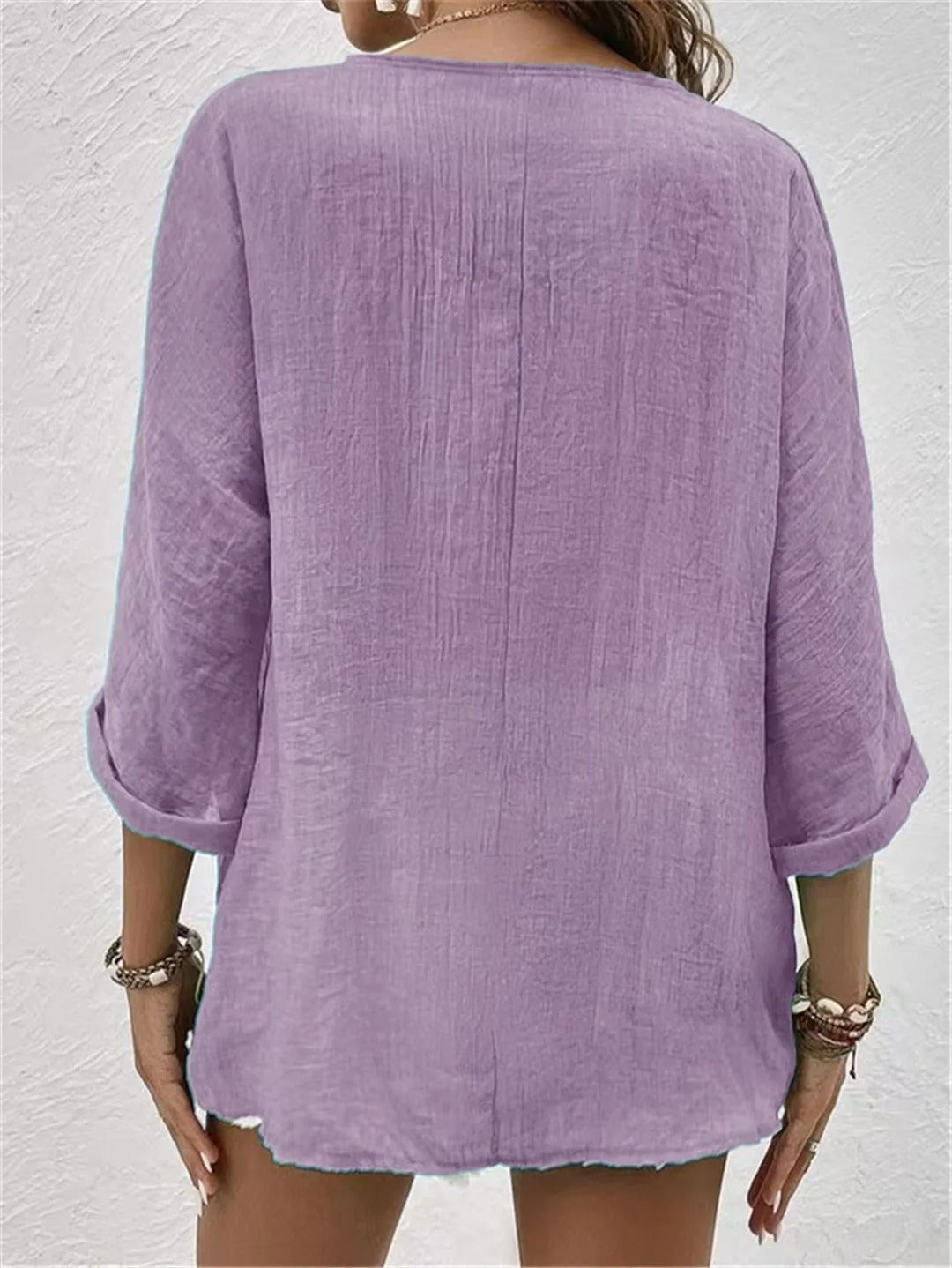 Women's Blouse V-Neck Linen Button Front Roll-Up Sleeves 7