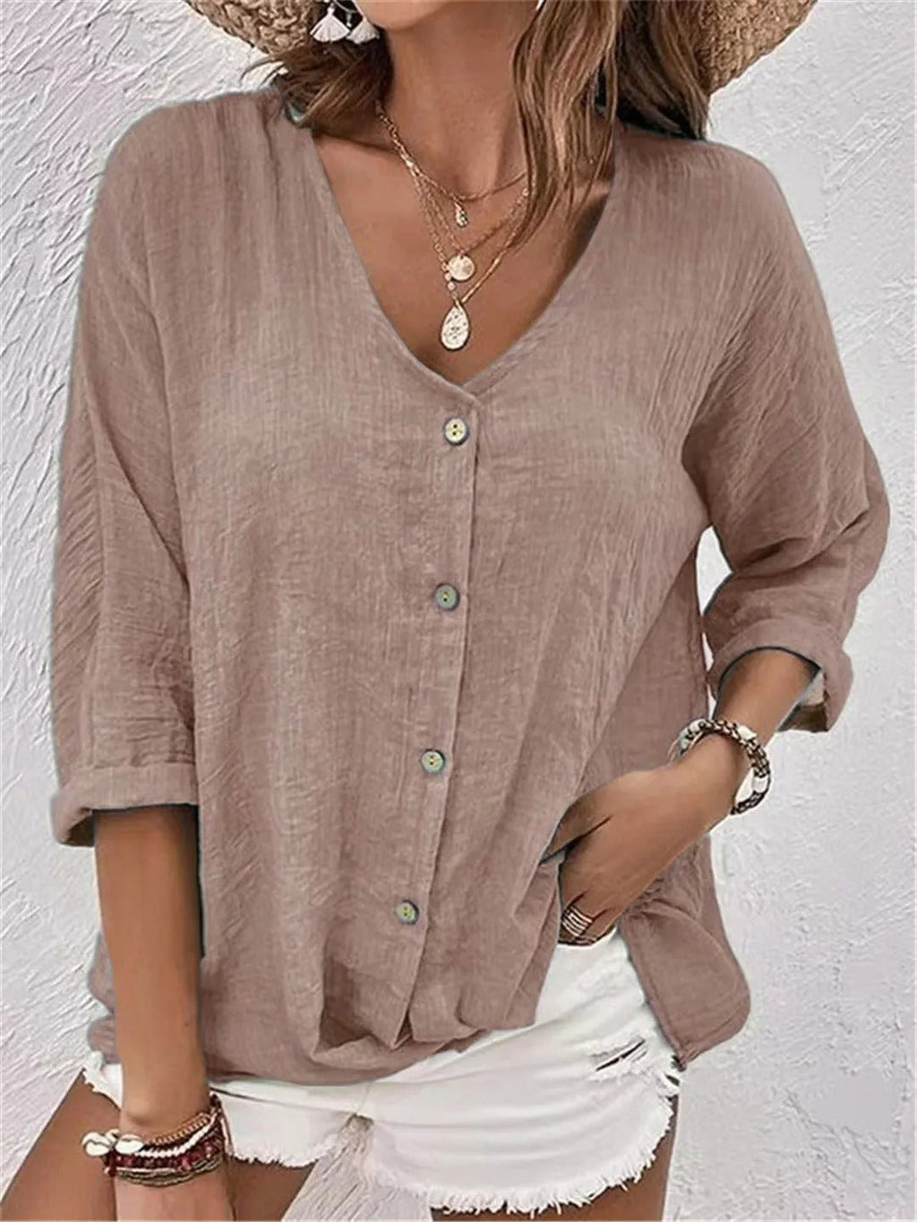 Women's Blouse V-Neck Linen Button Front Roll-Up Sleeves 8