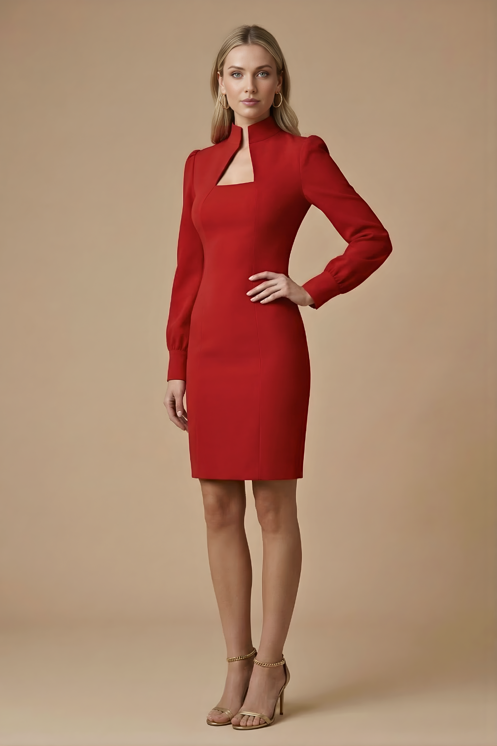 Women's Bodycon Mini Dress - High Neck Cutout - Puff Long Sleeve 5