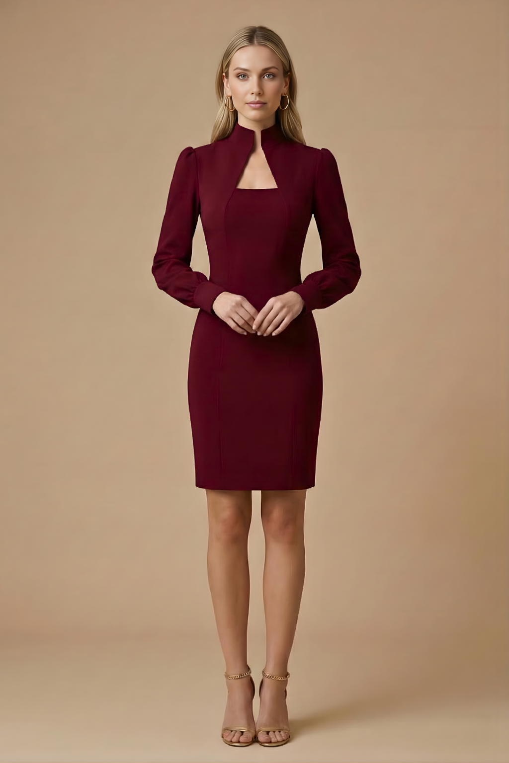 Women's Bodycon Mini Dress - High Neck Cutout - Puff Long Sleeve 7