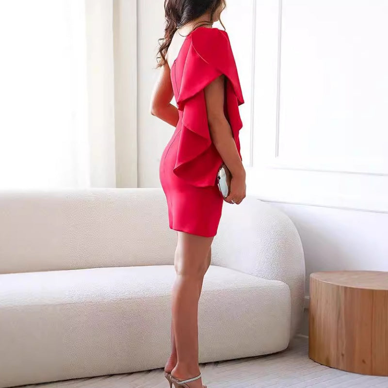Women's Bodycon Mini Dress - One Shoulder - Tiered Ruffle Sleeve - Wrap Asymmetric Hem - Formal Mini Dress 1
