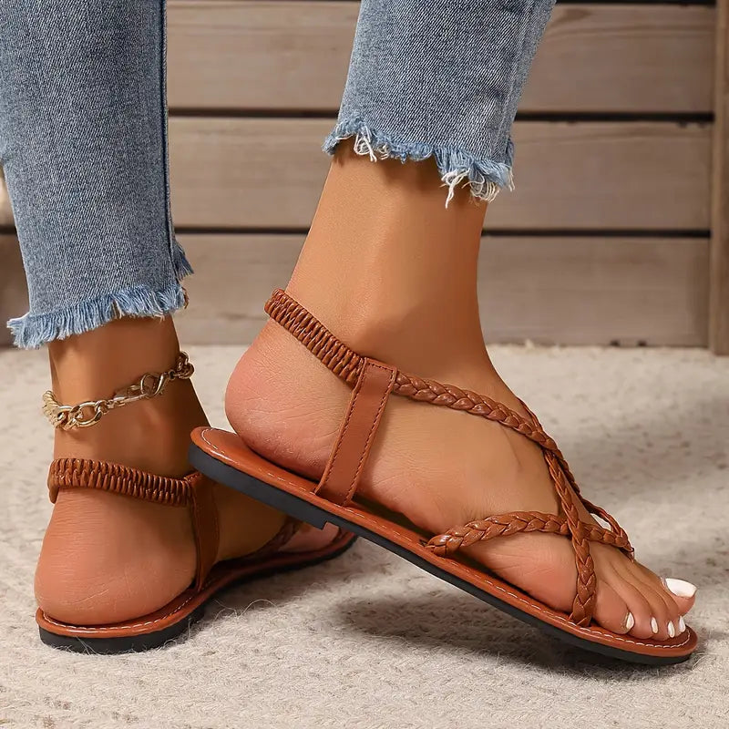 Women's Braided Toe Ring Sandals - Crisscross Straps - Flat Sole 5