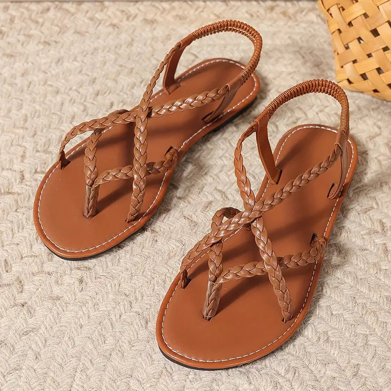 Women's Braided Toe Ring Sandals - Crisscross Straps - Flat Sole 6