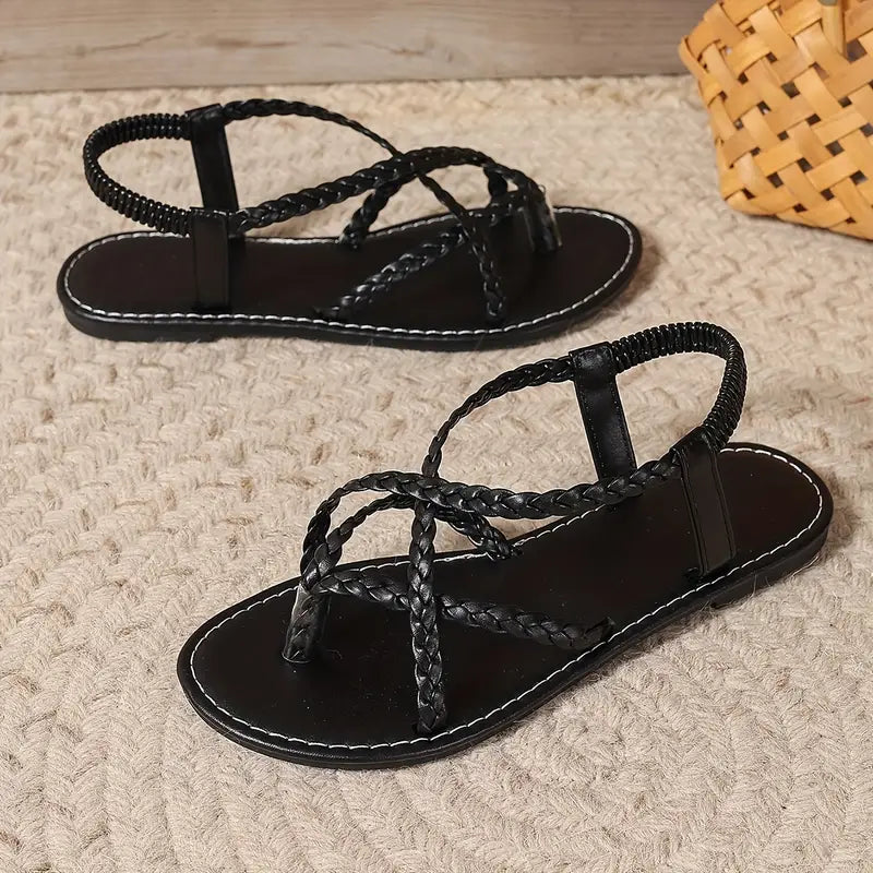 Women's Braided Toe Ring Sandals - Crisscross Straps - Flat Sole 8