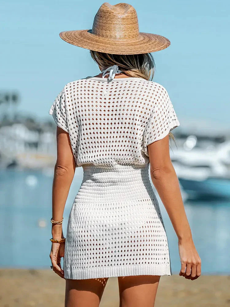 Women's Crochet Eyelet Mini Dress - V-Neck Button Short Sleeve 4