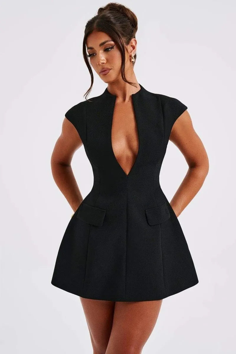 Women's Deep V Neck Cap Sleeve Mini Dress with Patch Pockets 0
