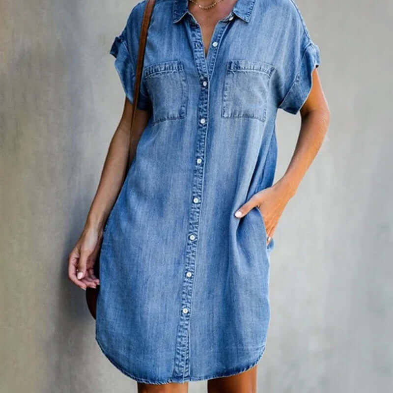 Women's Denim Button-Front Shirt Mini Dress Relaxed Fit 0