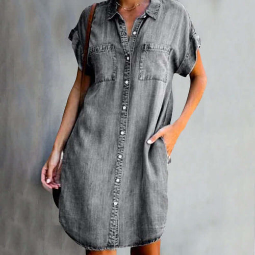 Women's Denim Button-Front Shirt Mini Dress Relaxed Fit 1