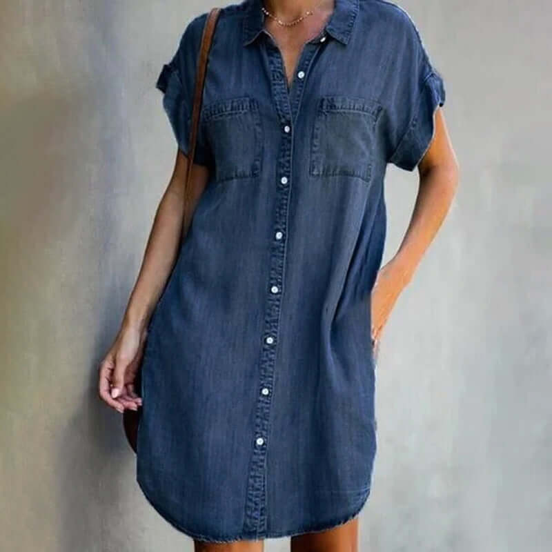 Women's Denim Button-Front Shirt Mini Dress Relaxed Fit 2
