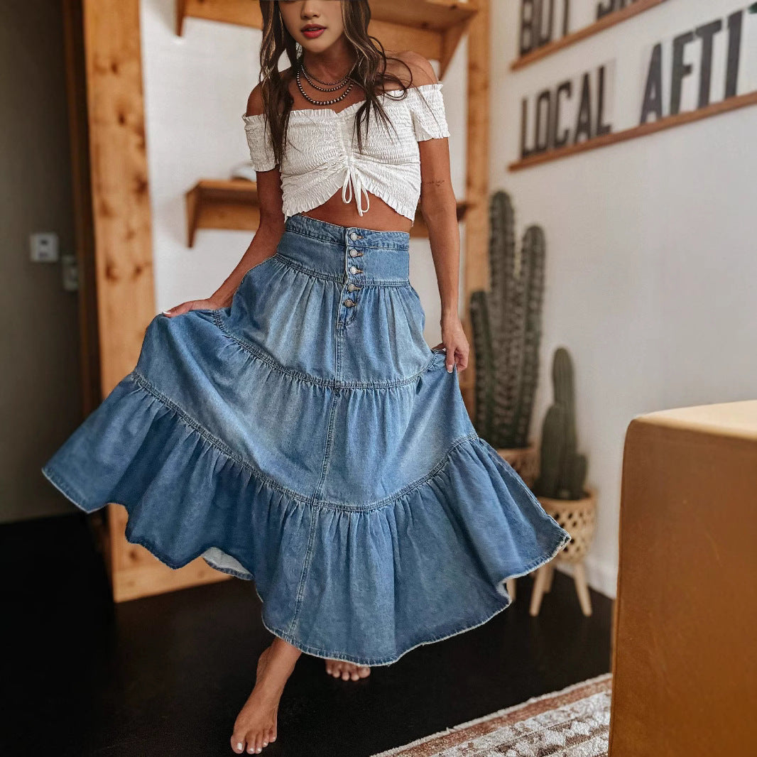 Women's Denim Tiered Maxi Skirt with Button Front and Raw Hem 1