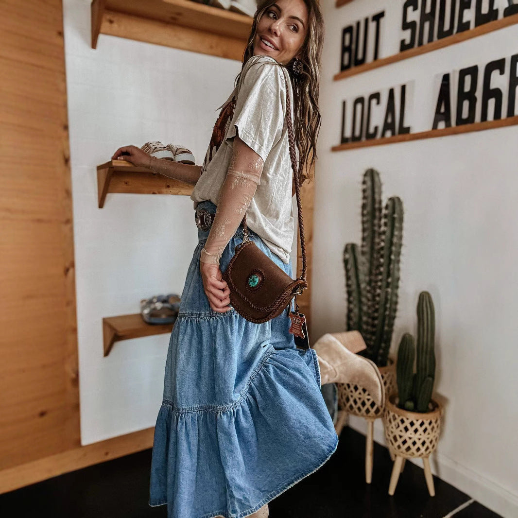 Women's Denim Tiered Maxi Skirt with Button Front and Raw Hem 2