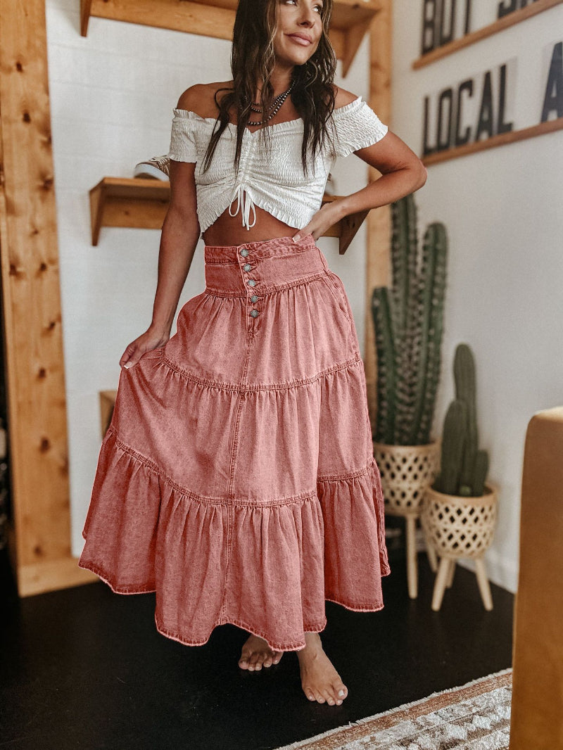 Women's Denim Tiered Maxi Skirt with Button Front and Raw Hem 4