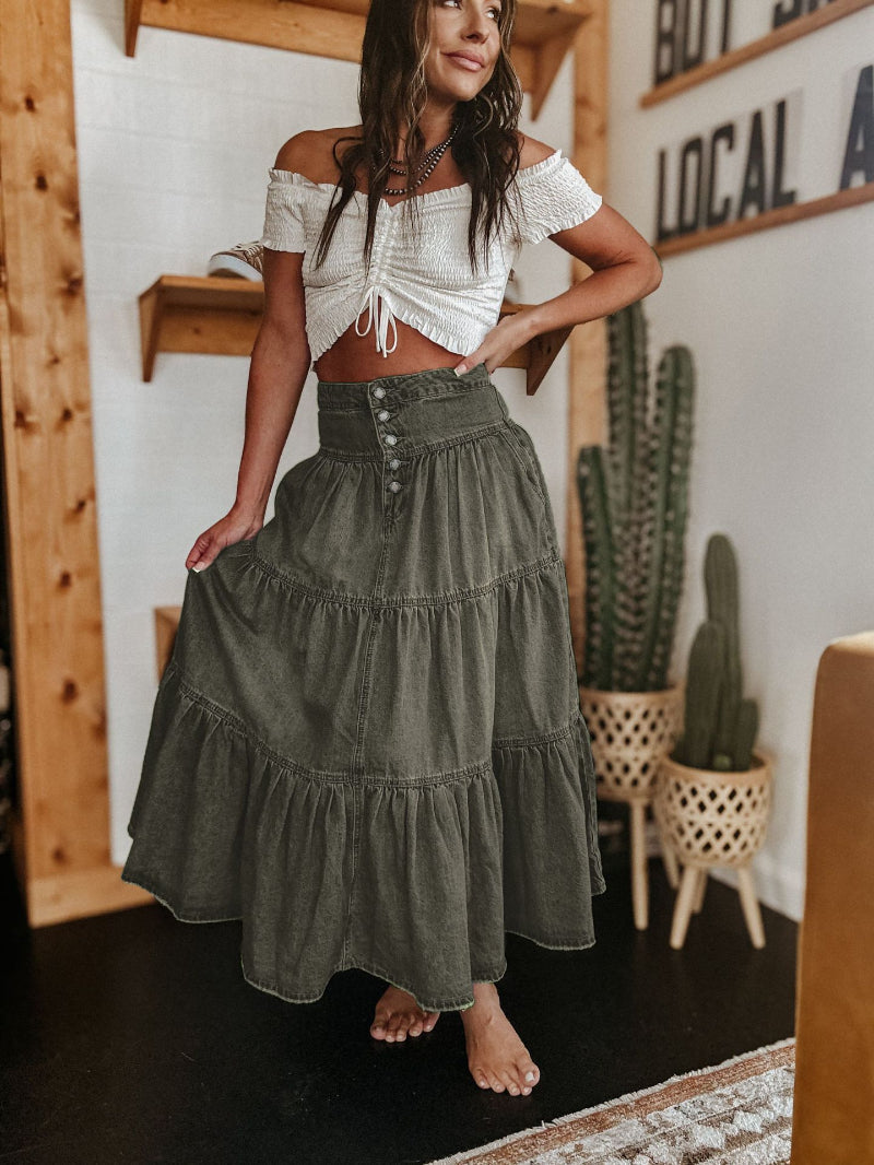 Women's Denim Tiered Maxi Skirt with Button Front and Raw Hem 6
