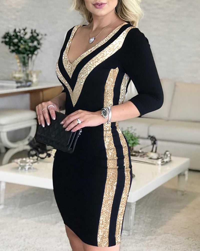 Women's Embellished Evening Dress V-Neck Sequin Trim Bodycon Mini 1
