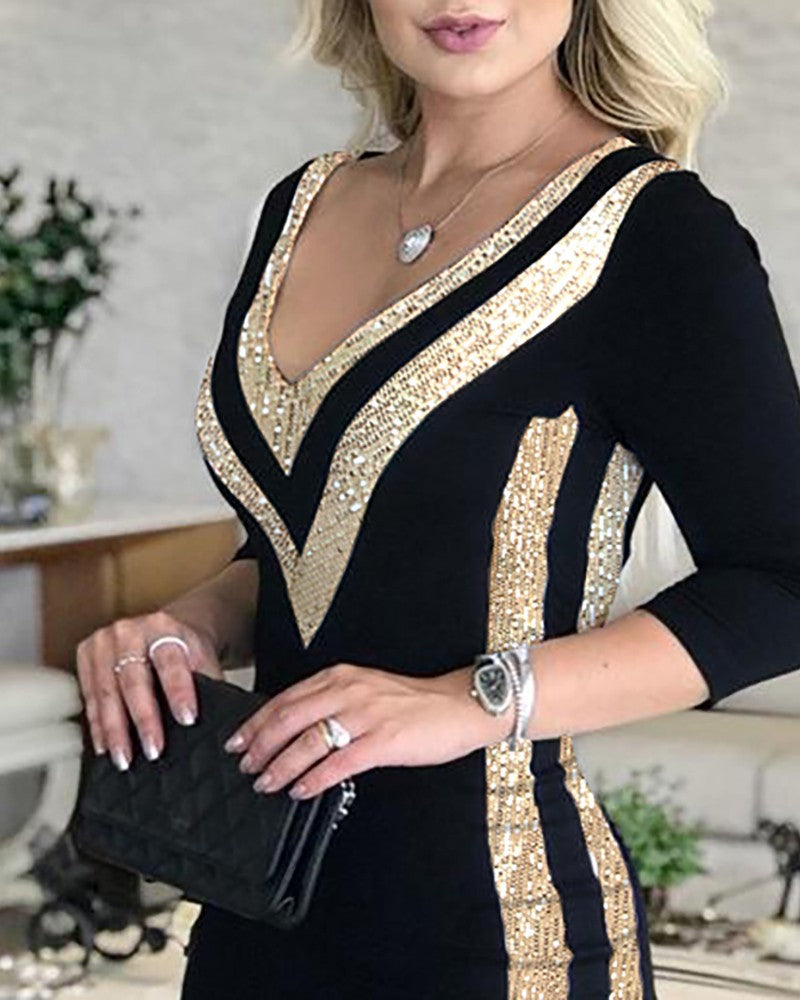 Women's Embellished Evening Dress V-Neck Sequin Trim Bodycon Mini 2