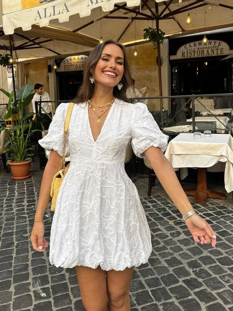 Women's Embroidered Puff Sleeve Mini Dress - Deep V-Neck and Scallop Hem 2