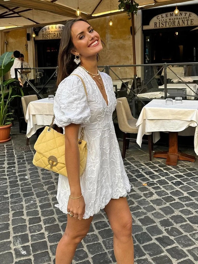 Women's Embroidered Puff Sleeve Mini Dress - Deep V-Neck and Scallop Hem 3