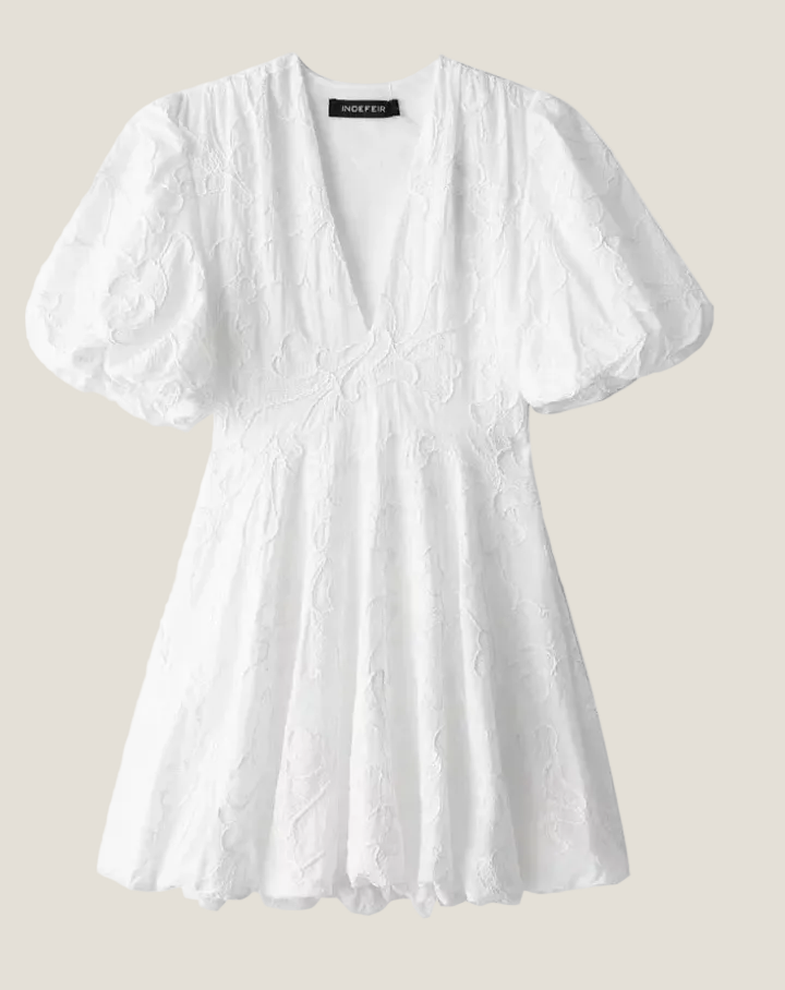 Women's Embroidered Puff Sleeve Mini Dress - Deep V-Neck and Scallop Hem 4