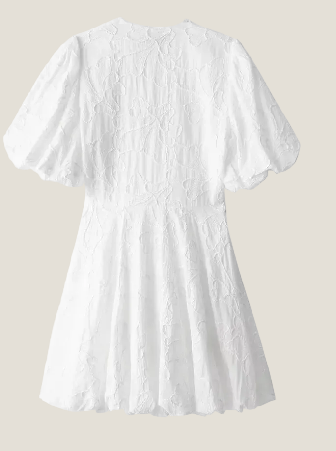 Women's Embroidered Puff Sleeve Mini Dress - Deep V-Neck and Scallop Hem 5