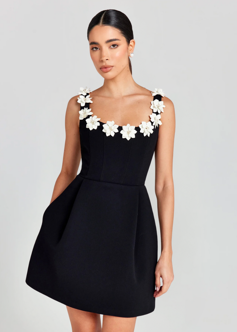 Women’s Floral Appliqué Strap Mini Dress with Flared Skirt 0