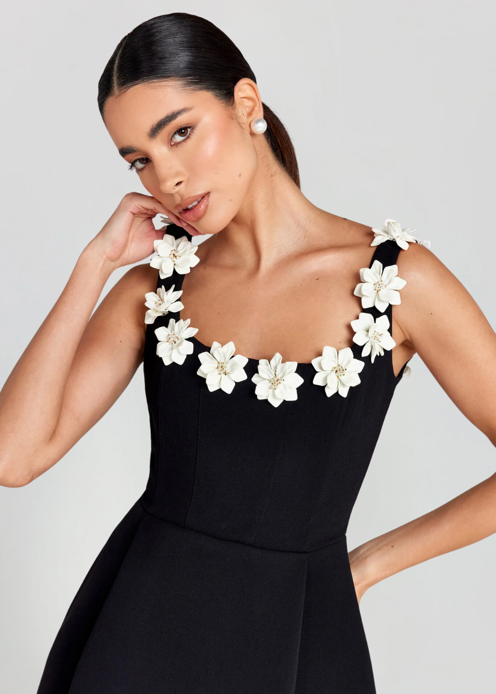 Women’s Floral Appliqué Strap Mini Dress with Flared Skirt 4
