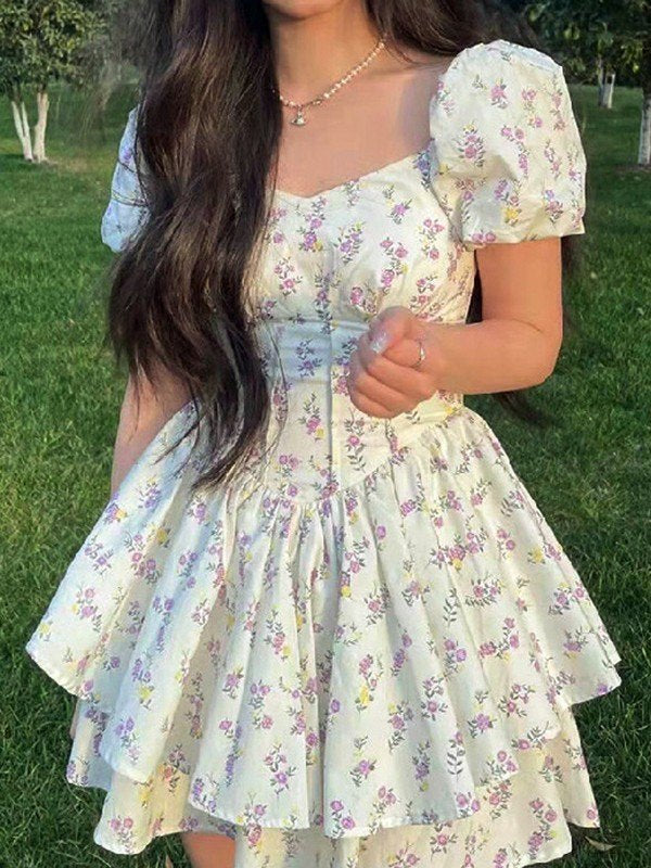 Women's Floral Tiered Ruffle Mini Dress - Sweetheart Neckline with Short Puff Sleeves and Corset Bodice 0