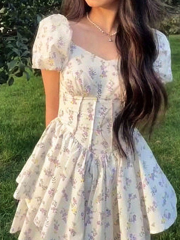 Women's Floral Tiered Ruffle Mini Dress - Sweetheart Neckline with Short Puff Sleeves and Corset Bodice 5